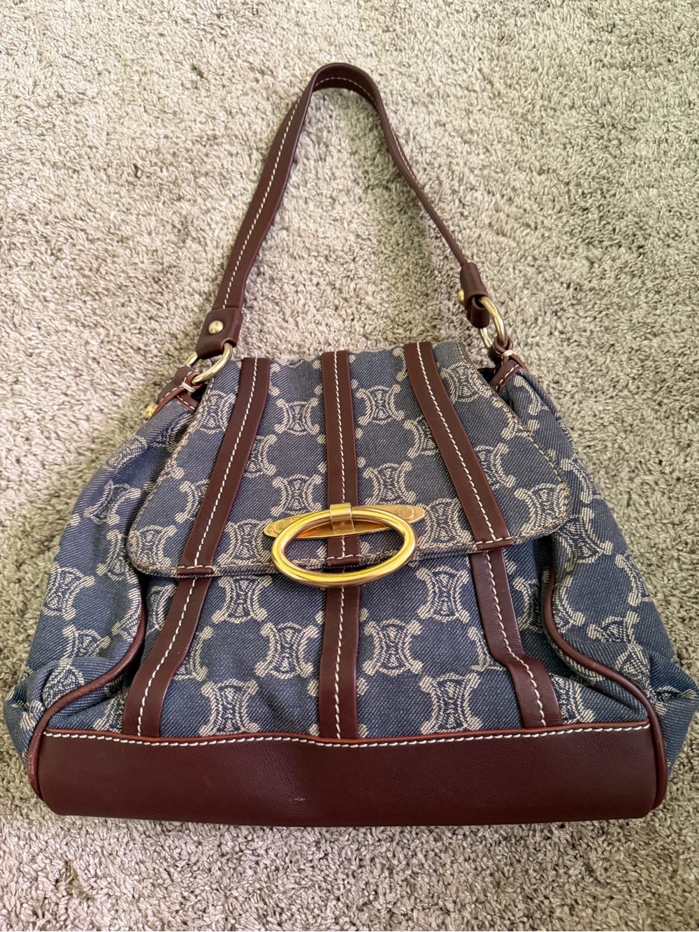 Celine Blue Monogram Canvas Shoulder Bag with Brown Leather Trim and Gold Clasp